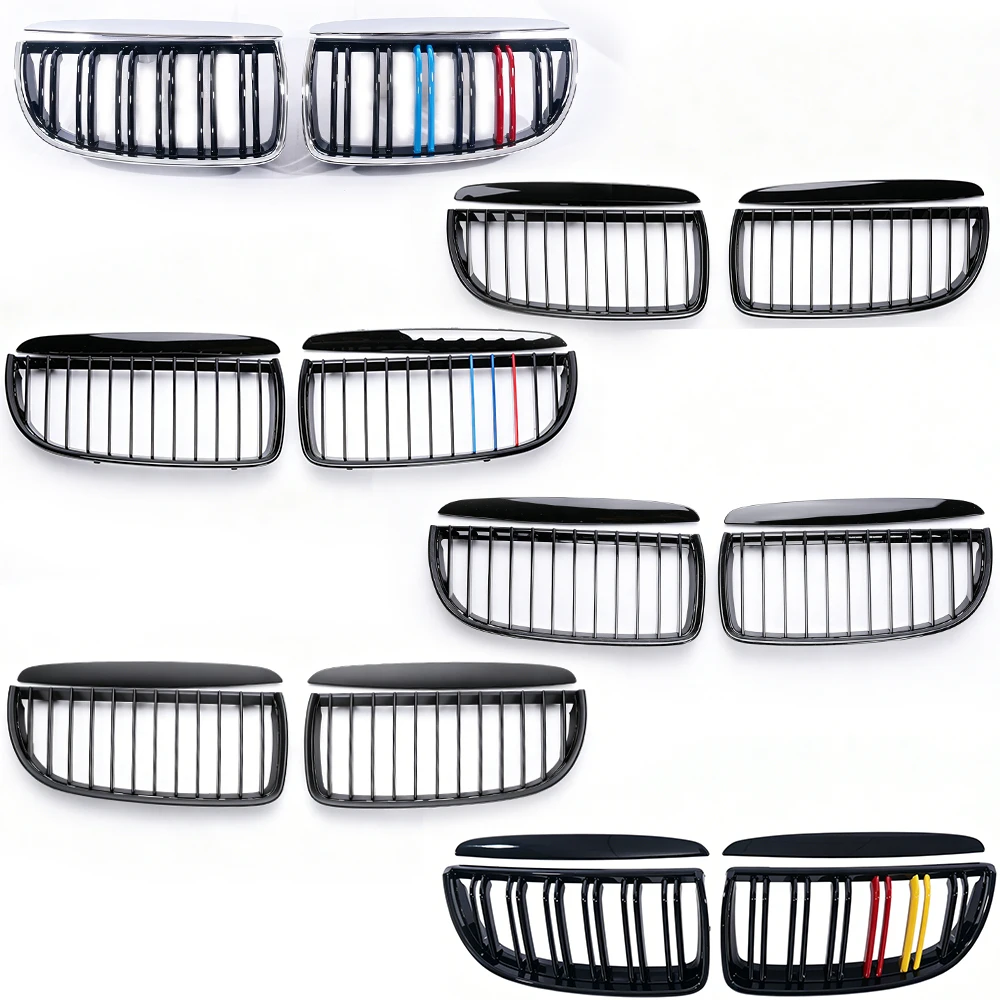 Double Single Slat Kidney Grille Gloss Matte All Chrome Black Carbon M Color Diamond Grill For 3 Series E90E91 Pre-LCI 2005-2008