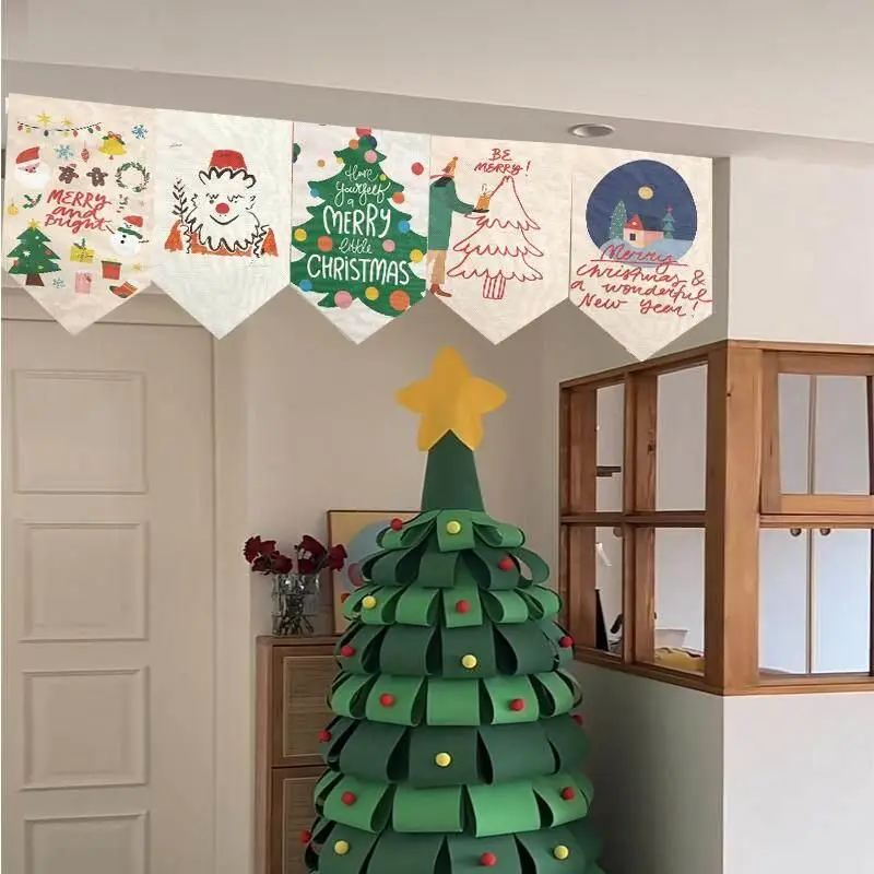 VIKAMA Christmas Triangle Flag Cartoon Santa Gift Xmas Tree Snow Globe Print Pennant Banner For Home Party Window Decor