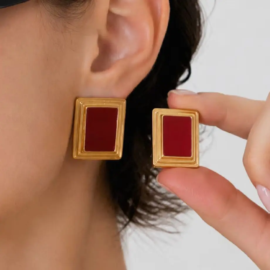 KunJoe Retro 18K Gold Plated Stainless Steel Geometric Square Stud Earrings Women Punk Irregular Piercing Ear Waterproof Jewelry