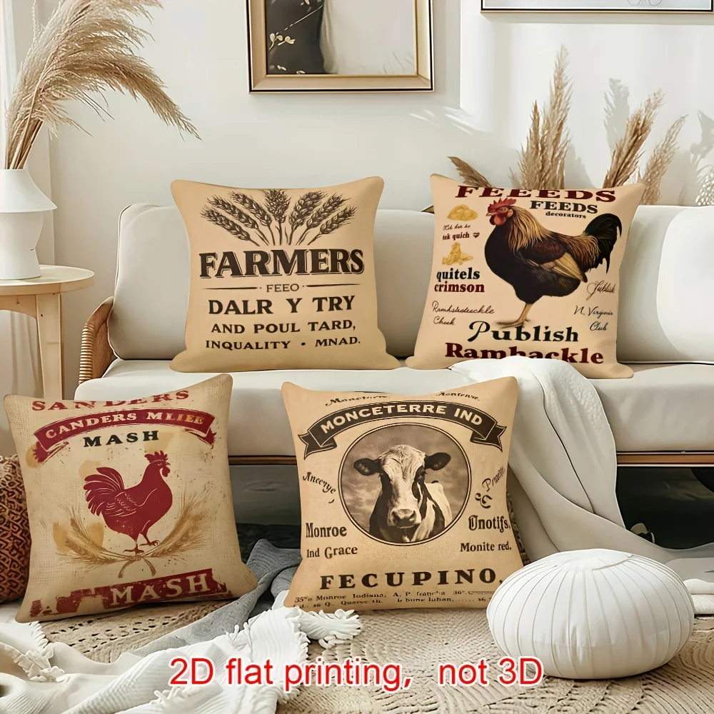 Farmhouse Rooster Cow Throw Pillow Covers Vintage Farmers Wheat Print Cushion Cases Rustic Country Decor for Bedroom Living Room