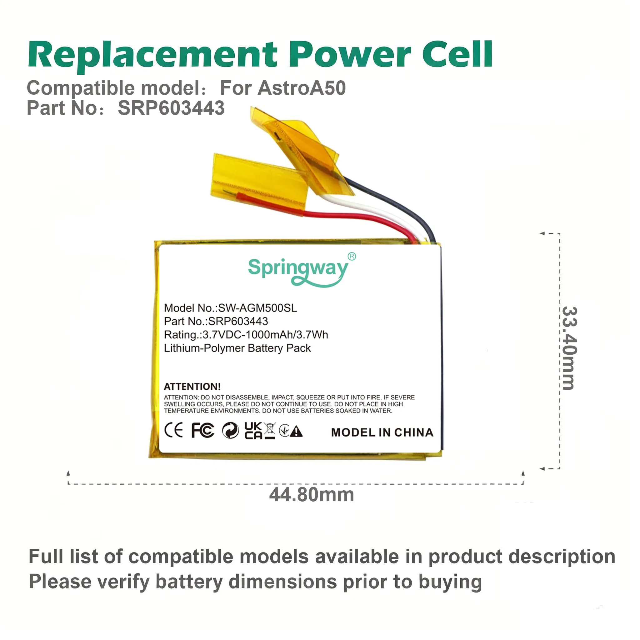 3.7V 1000mAh Li-Polymer Battery SRP603443 SW-AGM500SL Replacement Battery For Astro A50 44.8*33.4mm Lithium Polymer Pack
