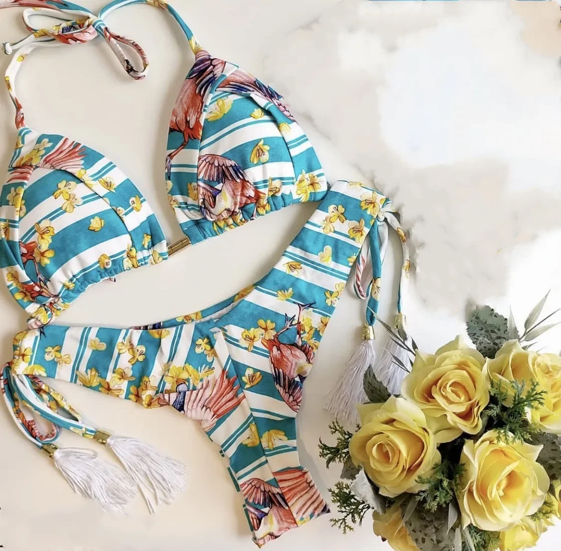 Nova roupa de banho feminina biquíni impressão borla cinta banho feminino crochê