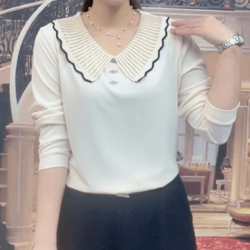 

Baby Doll Collar Solid Color Women's Loose and Versatile Top