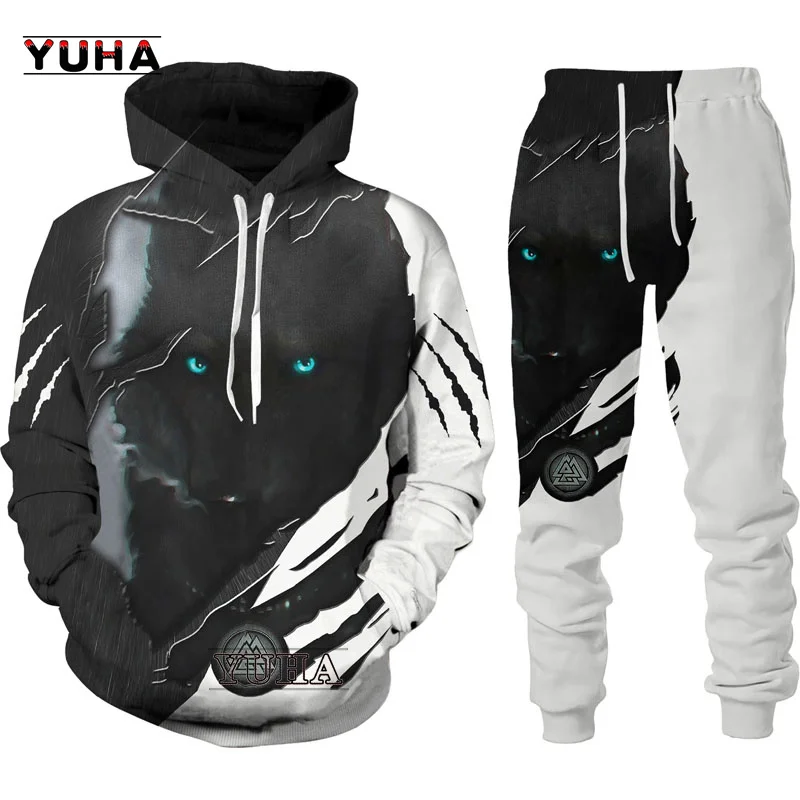 Autumn and Spring Wolf 3d Printed Hoodie Pants Suit Male Casual Sweashirt Pullover Men Tracksuit Set Fashion Men\'s Clothing Suit