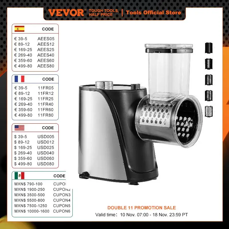 VEVOR Electric Cheese Grater Salad Maker 250W Salad Shooter Electric Vegetable Slicer Shredder Chopper for Fruits 5 Attachments