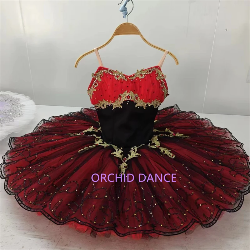 Womens Thin Strap Heart Neck Ballet Tutu Performance Dress Red Black Contrast Gold Leaf Rhinestone Trim Gradient Glitter Skirt S