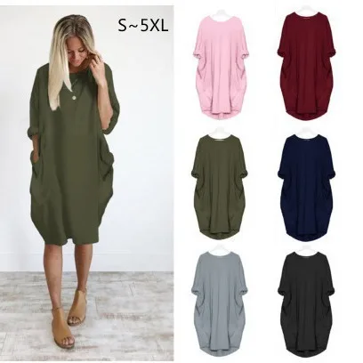 

Women's Summer Loose it's OK don't worry Print Round Neck Long Sleeve Pocket Comfortable Casual Plus Size Dress