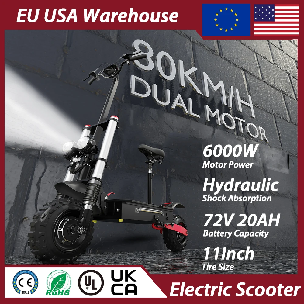 

EScooters 6000W Dual Motor 72V 20AH Battery City Transportation Electric Scooter 11-inch Tire Fold Electric Scooter OffRoad
