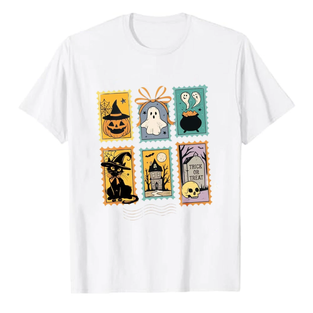Vintage Halloween Stamp Collage Pumpkin Ghost Black Cat Haunted House Skull T‑Shirt Retro Spooky Postage Art Print Cotton Tops