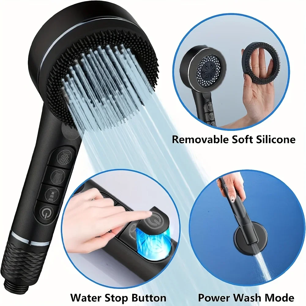 4 Modes Self-cleaning Shower Head with Silicone Brush One-Key Stop Water Massage High Pressure ABS Showerhead with Filter image 3