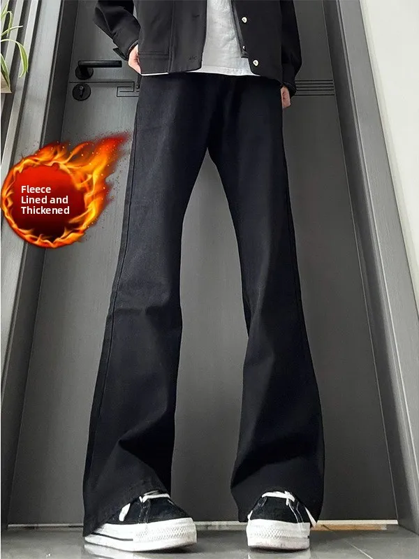 

Мужские джинсы Cleanfit с флисовой подкладкой, расклешенные, черные, эластичные, прямого кроя, осенне-зимние, в американском уличном стиле, из стрейч-денима