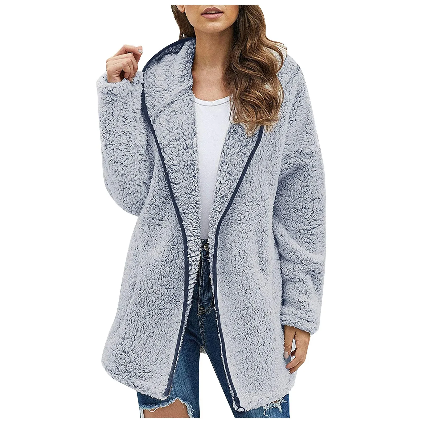 

Women's Winter Artificial Wool Plush Coat Open Front Long Trench Coat Zipper Hooded Mid-length Casual Cardigan