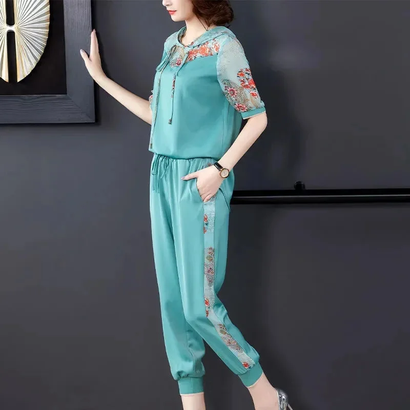 Large Size Suit Women 2024 New Summer Set High-End Leisure 2PCS Female Two-Piece Harem Pants Middle-Aged Elderly Mother\'s Outfit