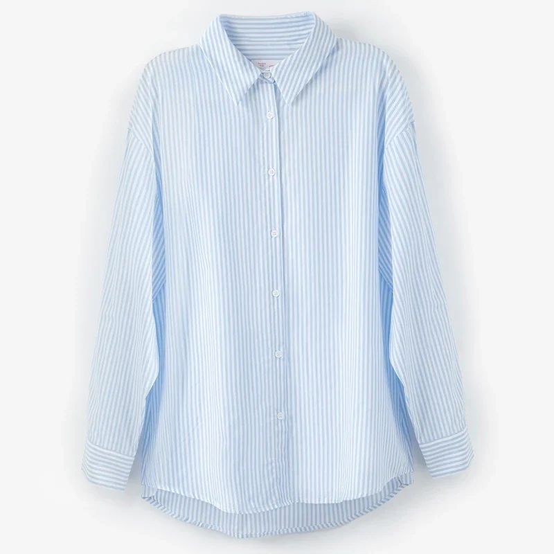 

Женская полосатая рубашка, элегантная удобная свободная универсальная рубашка, офисная рубашка с белым воротником, повседневная повседневная летняя рубашка на пуговицах