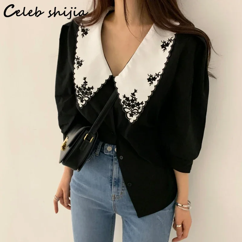 Korean Chic Vintage Blouses Women Black New Summer Short Sleeve Embroidery Collar V-neck White Shirts Female Button Up