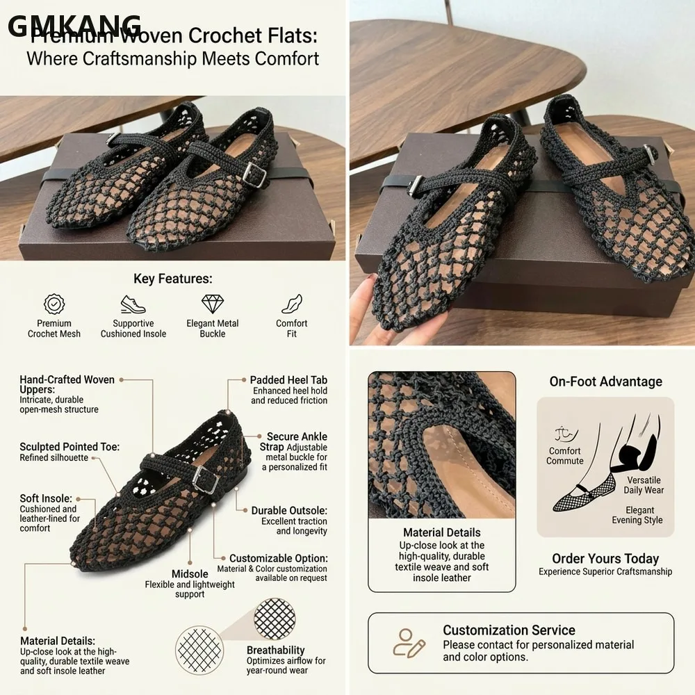 2026 Mesh Woven Mary Jane Flats Hand Crochet Hollow Out Adjustable Buckle Strap Boho Summer Beach Casual Walking Shoes