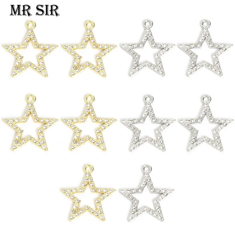 10pcs Sparkling Star Crystals Rhinestones Metal Charms 21*23mm Pentagram Gold Silver Color Alloy Pendants for DIY Jewelry Making