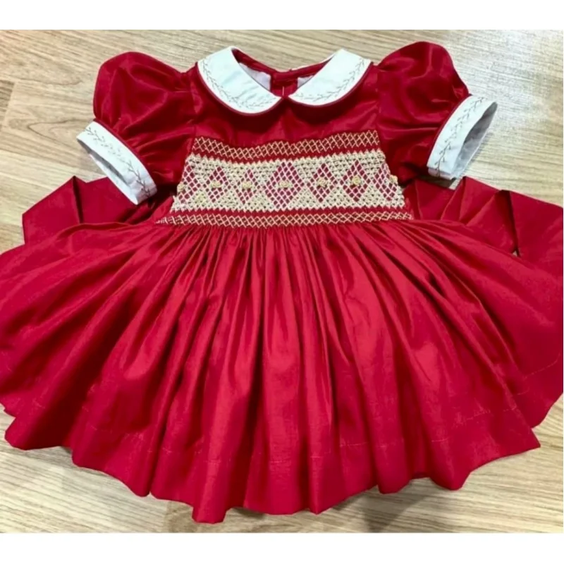 0-12Y Baby Girl Summer Flower Handmade Embroidery Smocked Vintage Princess Red Dress Boy Suit for Birthday  Eid Christmas A292