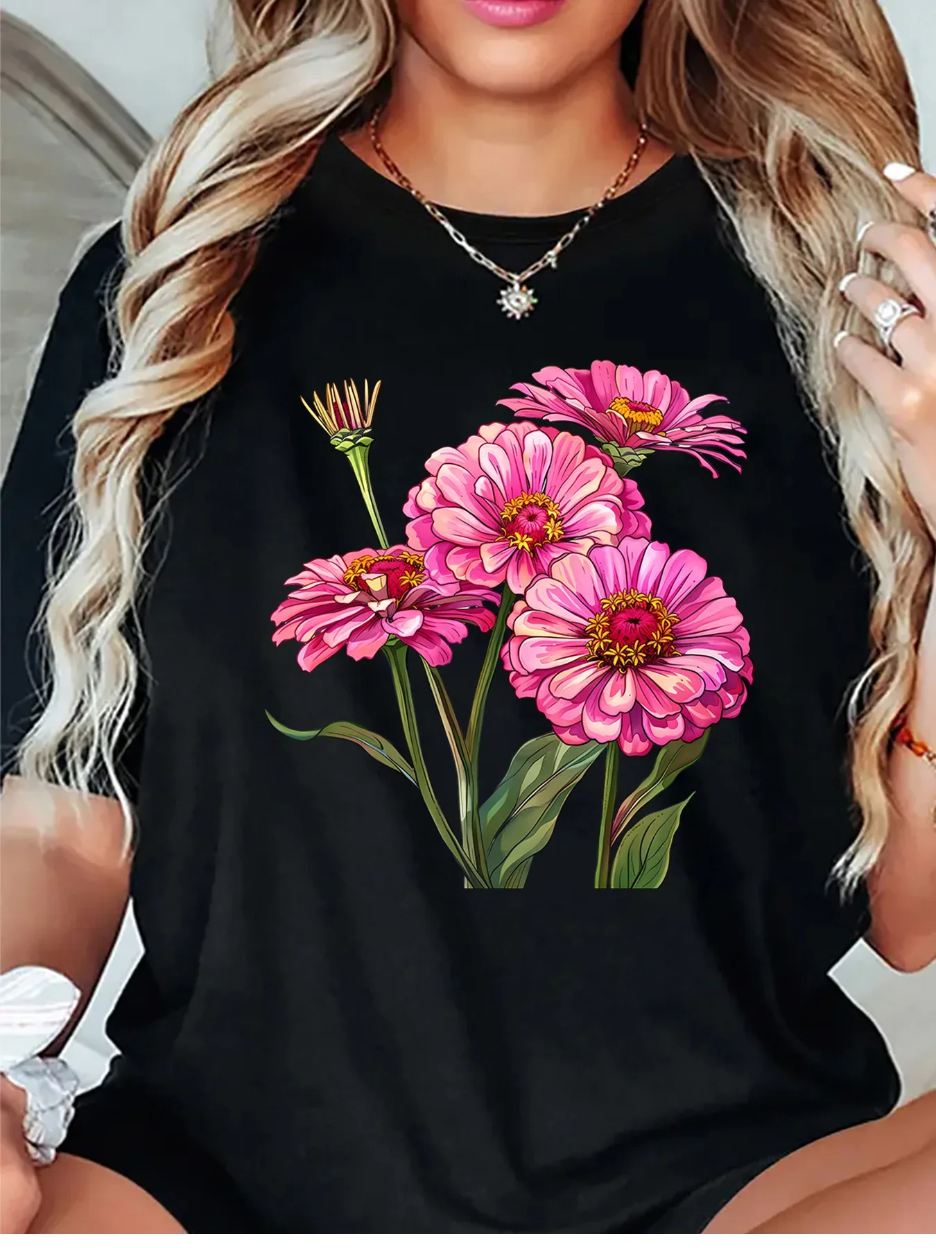 Vibrant Pink Zinnia Flower Botanical Graphic Womens T Shirt Short Sleeve Crew Neck Nature Inspired Casual Daily Ladies Tee Tops