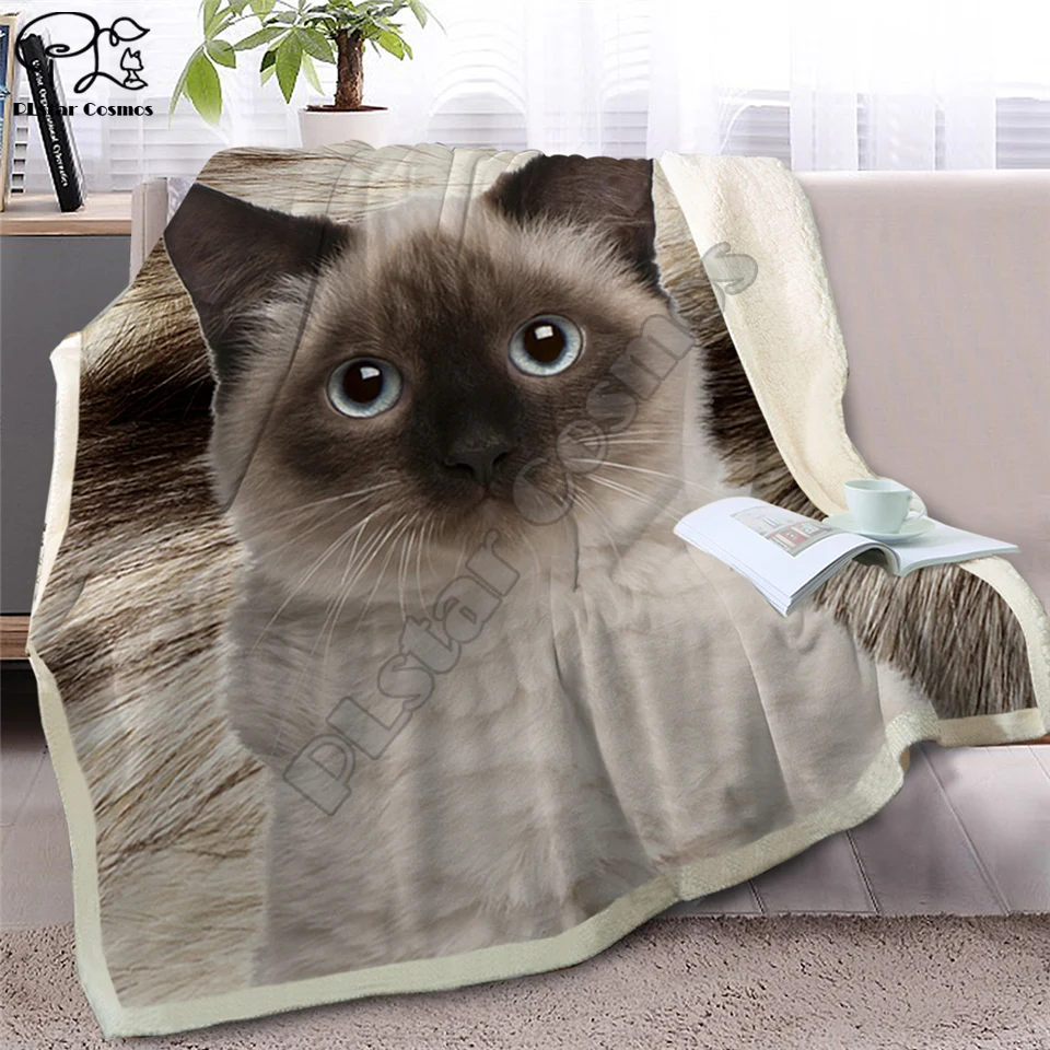 Gray Cat Throw Blanket on Bed 3D Animal Plush Sherpa Blanket Pet Siamese Bedspreads Fur Print Thin Quilt Drop Ship style-3