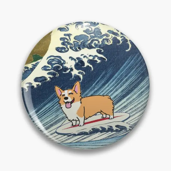 Corgi Dog Surfing The Great Wave  Soft Button Pin Lover Fashion Funny Creative Cartoon Metal Collar Jewelry Lapel Pin Decor