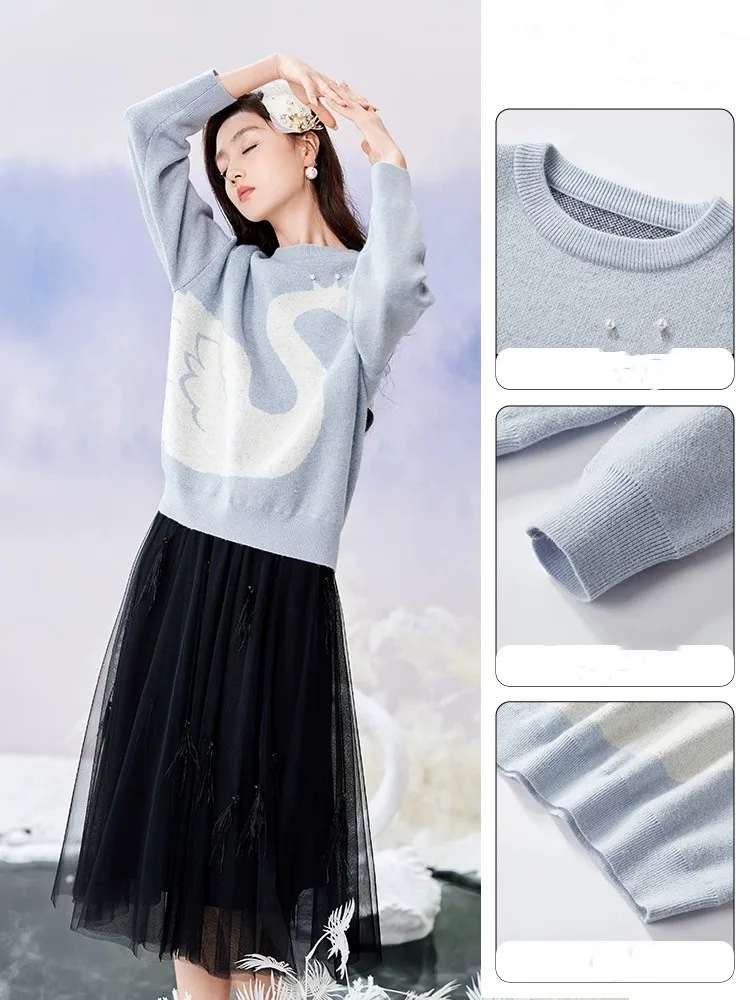 Blue Cartoon Printed Loose Sweater For Women 2024 Autumn Elegant Fashion Ladies Jumpers Long Sleeve O-neck Knitwear Tops Femme