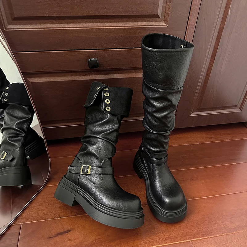 Autumn Winter Platform Thick Bottom Women Long Boots Fashion Slip On Shoes Vintage Ladies Knight Botas