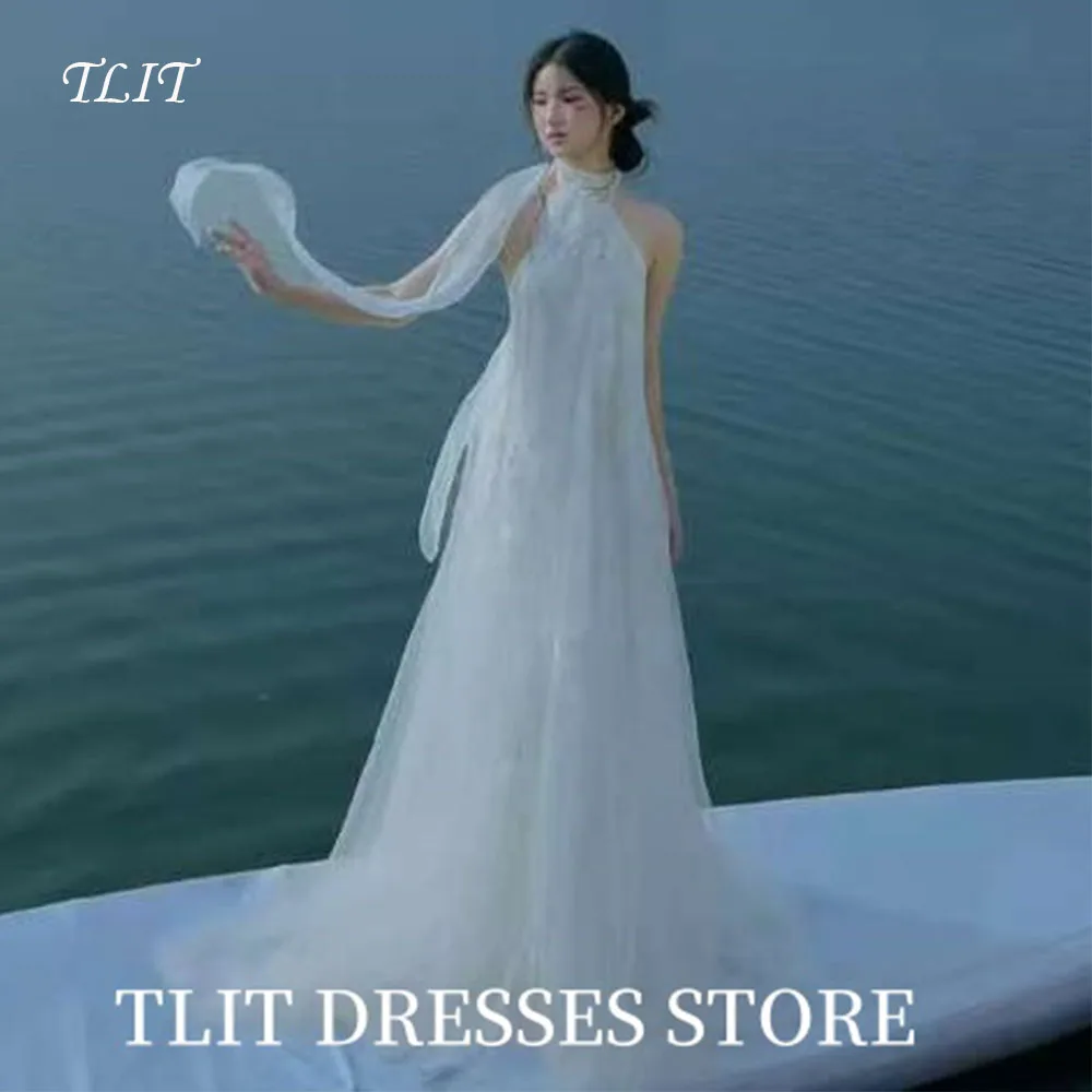 

TLIT Elegant White Floral Tulle Evening Dress Korea Wedding Dress Photo Shoot Halter Prom Gowns Customized Floor-Length Gowns