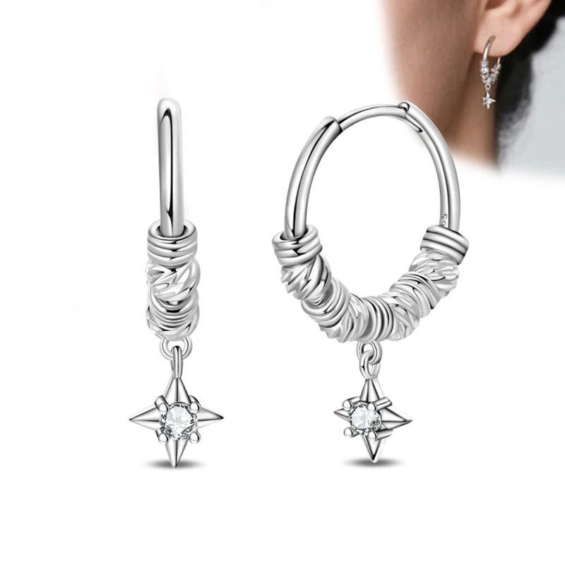 

925 Sterling Silver Ear Needle Round Luxury Crystal Hoop Earrings Rainbow Zircon Star Moon Ear Buckle Women's Fine Jewelry Gifts