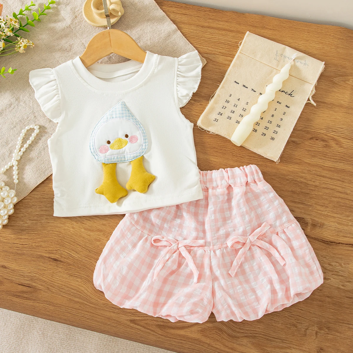 2Pc/Set Baby Girl Set Summer Cotton Cartoon Little Fly Sleeve Top Plaid Bow Shorts Girls Sets Cute Beach Baby Girl Clothing