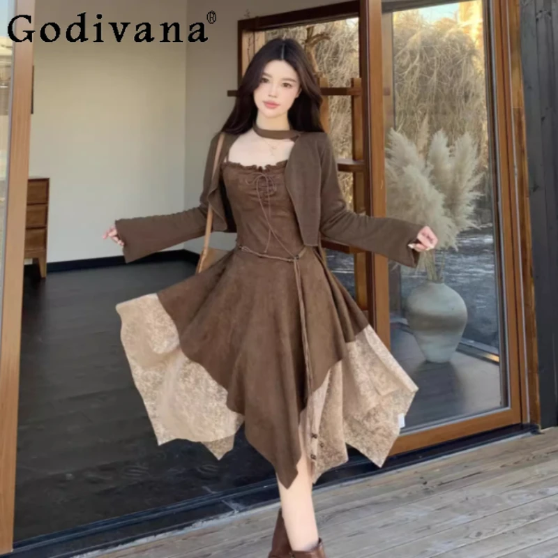 

Women Autumn Large Size Slash Neck Fashion High Waist Irregular Street Suspender Dress Loose Versatile Long Sleeve Short Tops