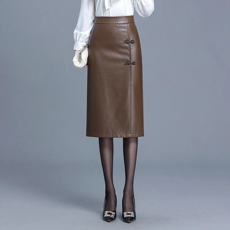 

2024 Winter Leather Skirt Women Mid-Length High Waist Slim Fit Sheath Pu Skirt Slit Office Lady Skirt Saia Longa Long Skirt