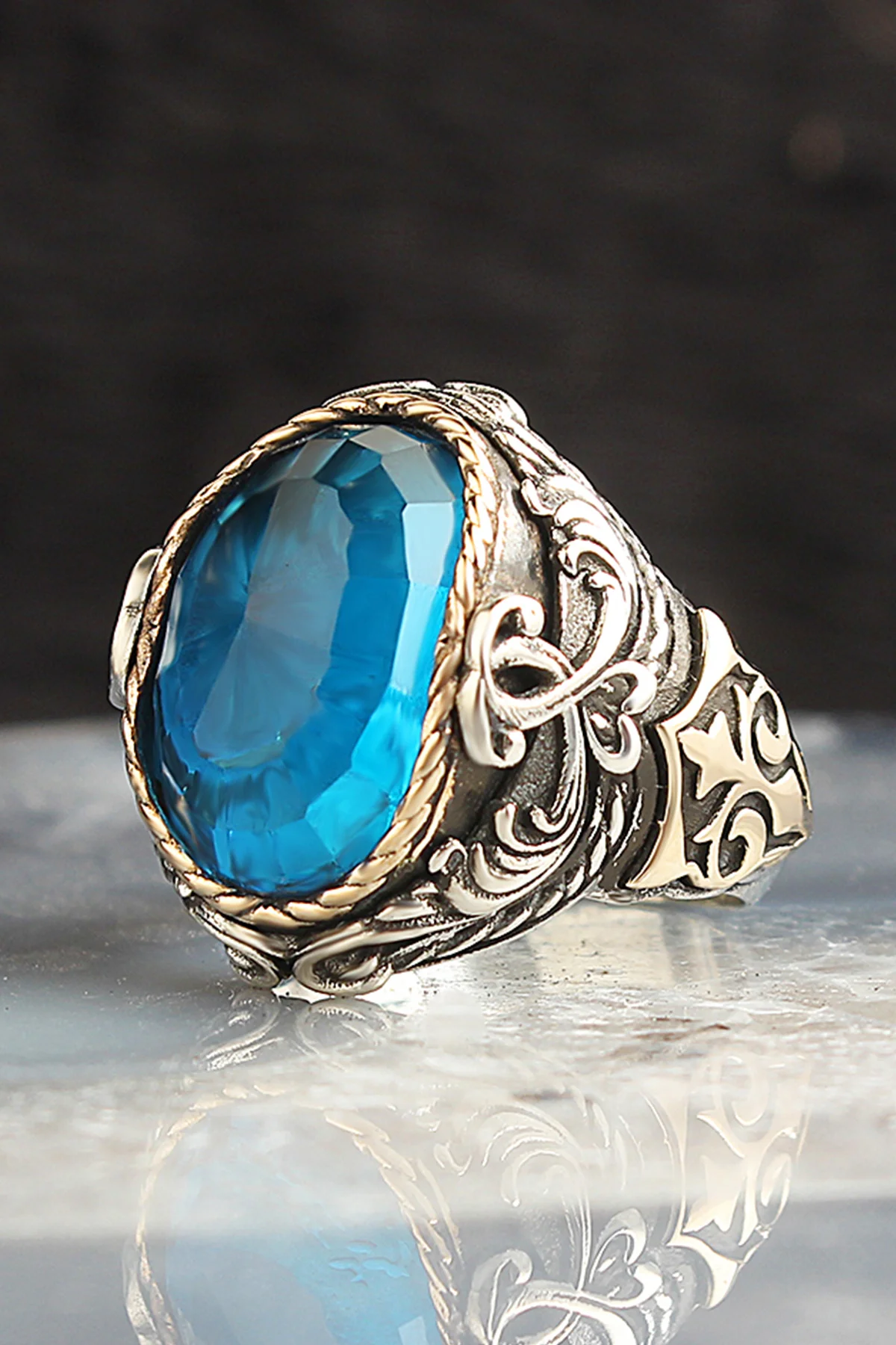 

Blue Topaz Gemstone 925 Sterling Mens Silver Ring