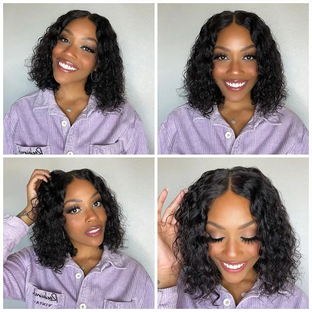 CCollege Short Bob Wigs Deep Wave Human Hair Deep Curly 100% Real Hair Pre Plucked Wet and Wavy 4x4 Closure Lace Front Wig