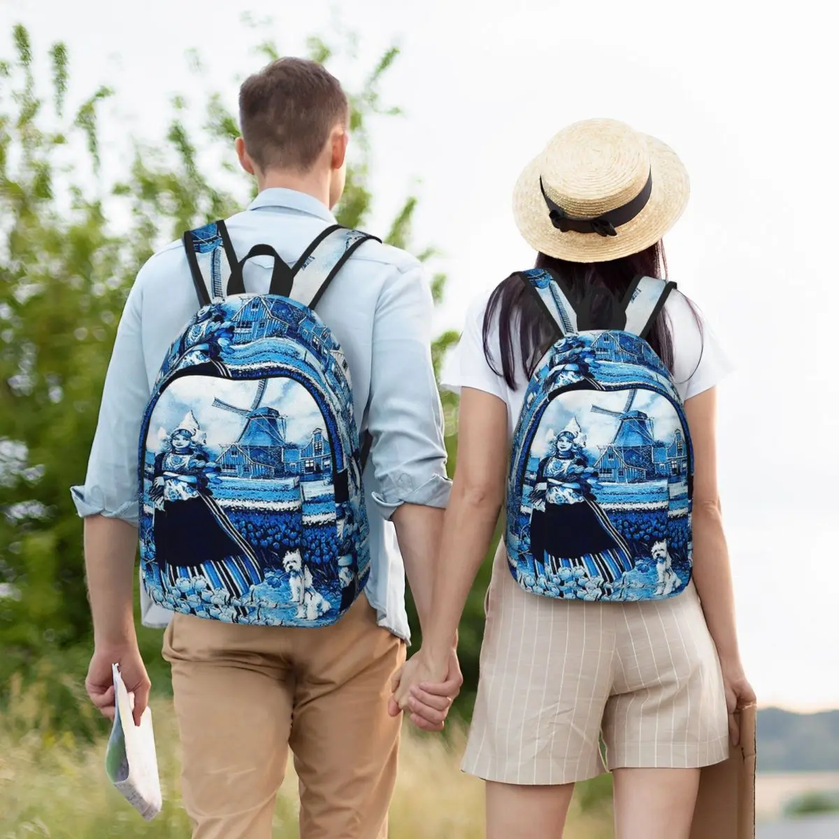 Dutch Blue Delft Windmill Art Student Backpack School Bag Hiking Travel Daypack for Men Women Bookbag Shoulder Bags
