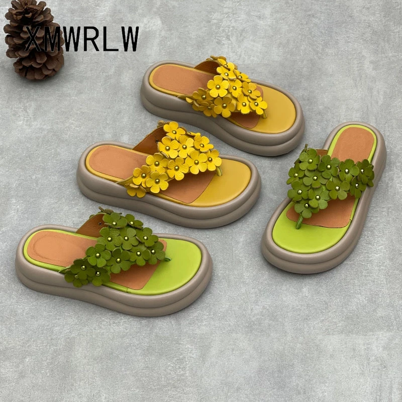

XMWRLW 2026 Summer Women's Slippers Retro Style Handmade Shoes Ladies Thick Sole Summer Slippers Shoes Non Slip Slipper Shoe
