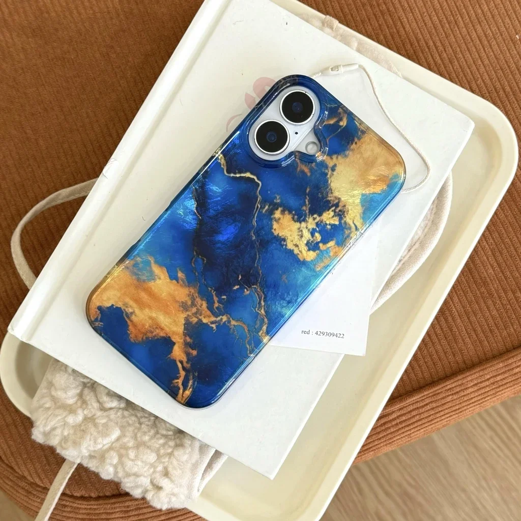 Glossy Blue Yellow Marbling Tin Foil Crack Pattern Shockproof Protective Phone Cover Case for iPhone 16 15 14 13 Pro Max