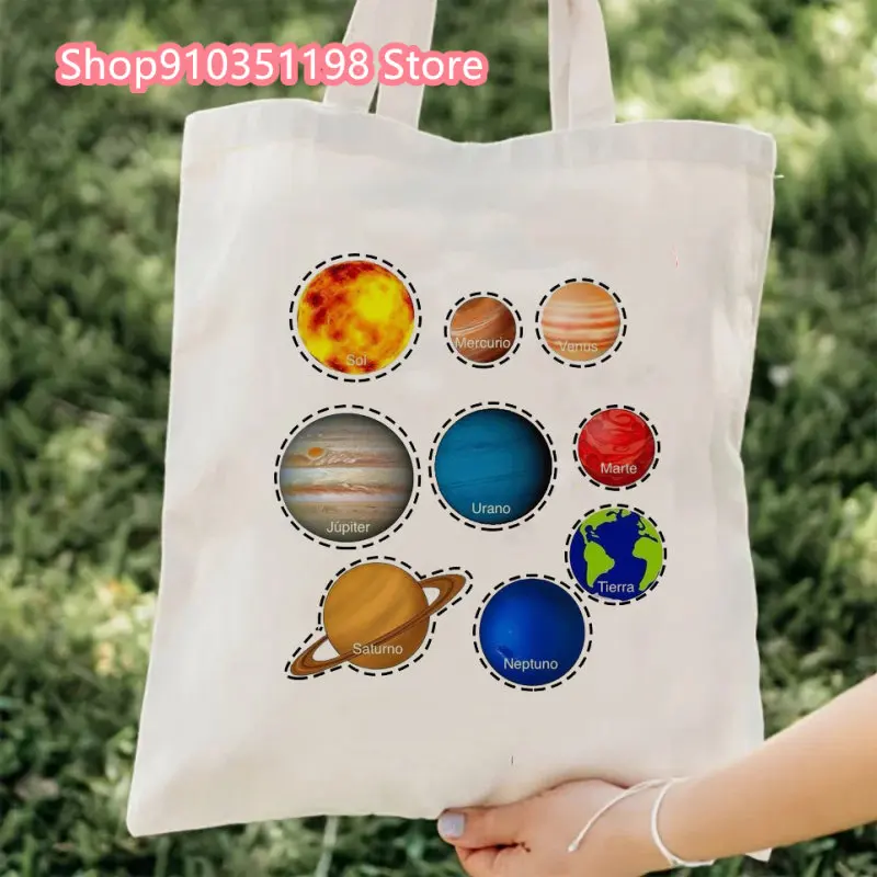 Solar System Planets Canvas Tote Bag for Women 2024 Designer Handbag Lady's Shopper Retro Cartoon Print Girls Shoulder Bag image 6