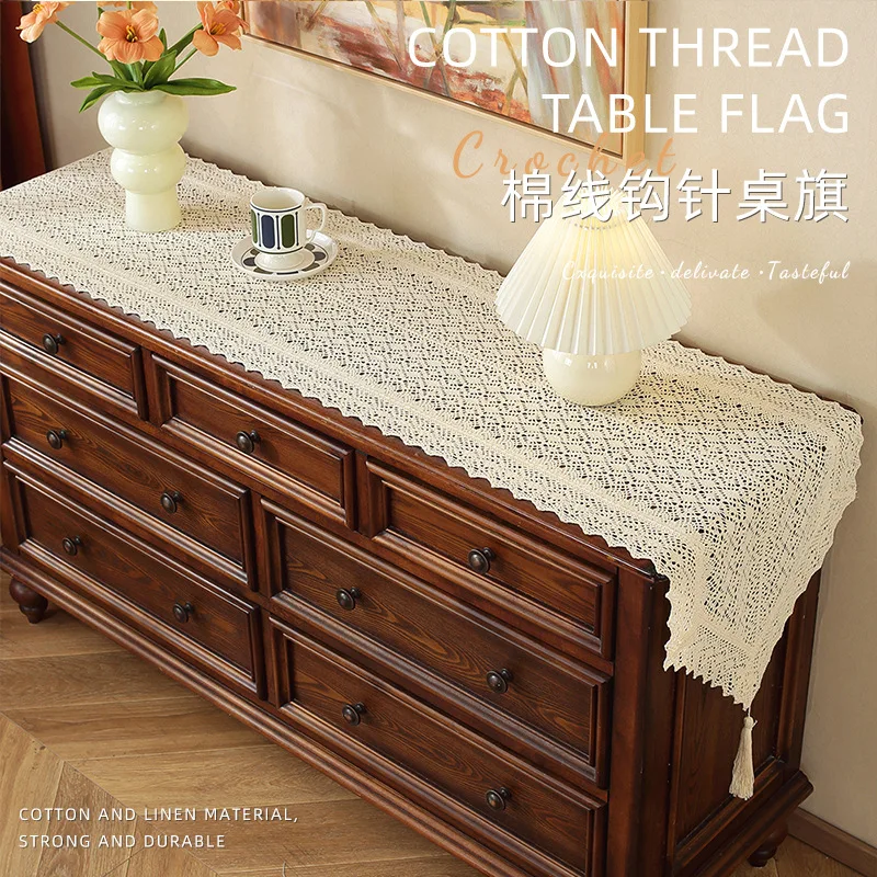 

Table Runner Pastoral Style American Retro Dining Edge Cabinet Hollowed Out Artistic Cotton Thread Hook Lace TV Cabinet Cover