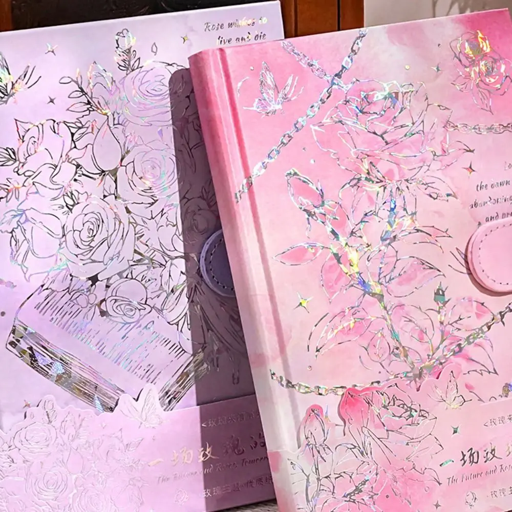 Rose Style Exquisite Diary Notebook Magnetic Button Color Pages Retro Rose Notebook Thicken Portable Romantic Diary Planner