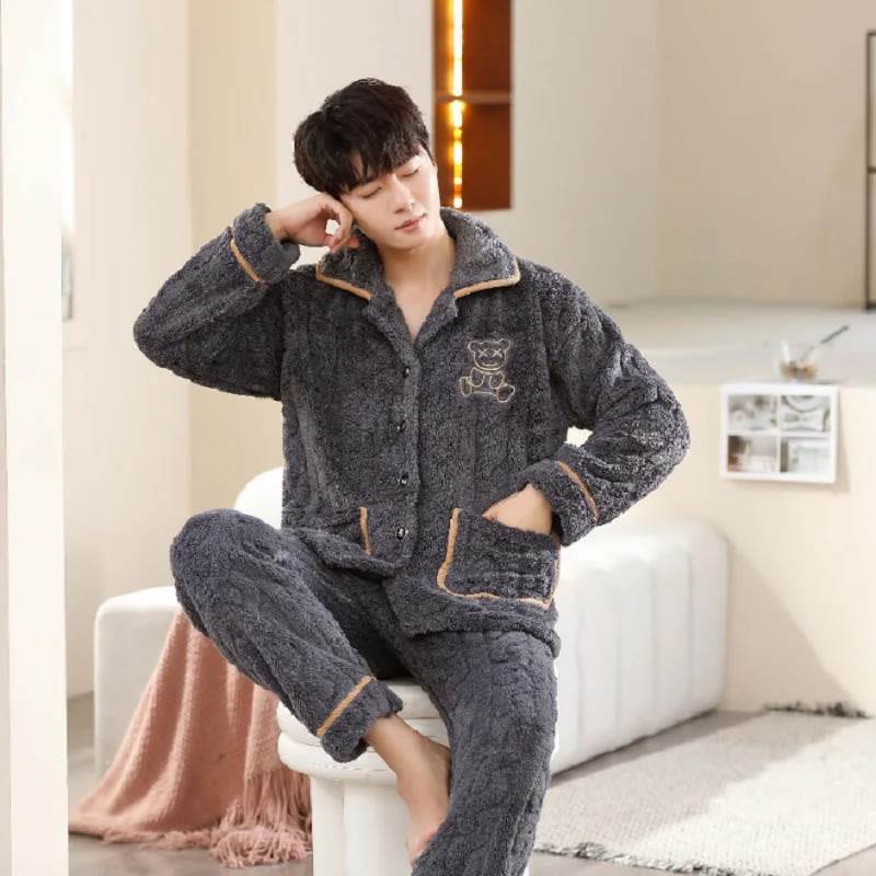 Pajama Large Size 6Xl Man Warm Winter Lovers Nightwear Sleepwear Night Outfit Flannel Pajamas Set Thick Nightwear Long Sleeve