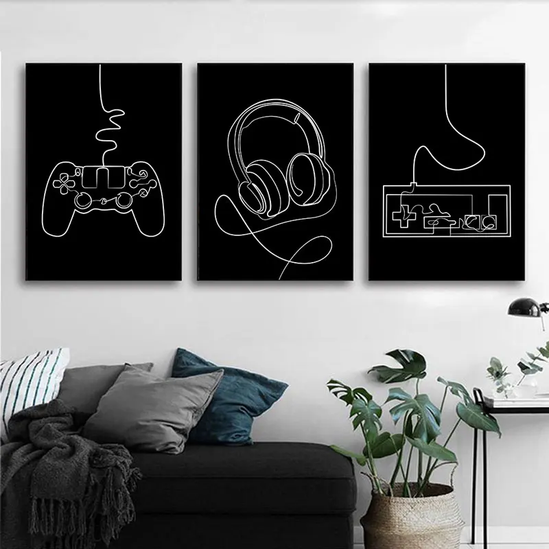 Simple GamePad Headset Line Pattern Canvas Art Print Modern Black Background Wall Decorative Poster for Home Game Room Bedroo