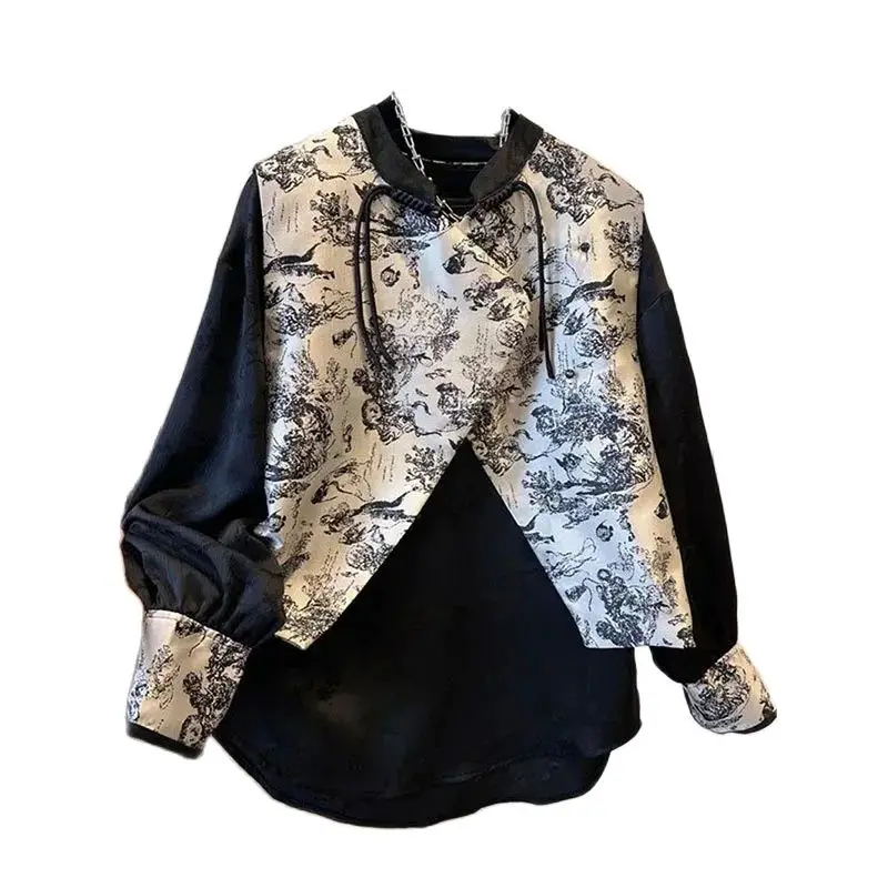 

2024 Spring Autumn New Splicing Printed Long Sleeve Shirt Waistcoat New Chinese Ink Painting Vest Top Two-Piece Coat Woman