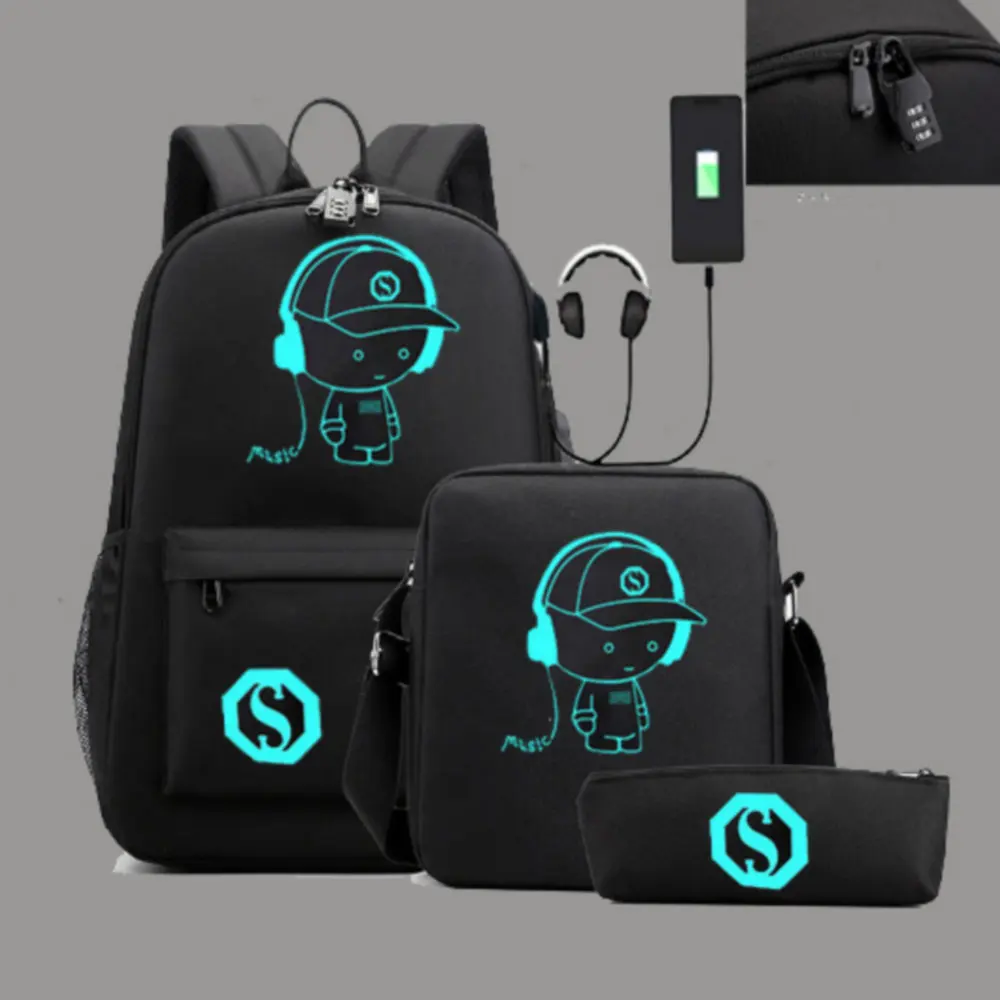 3pcs Luminous Mucis Boys Backpacks Travel Backpack Female Male School Bag For Teenagers Girl Boys Shoulder Bag Laptop Rucksack