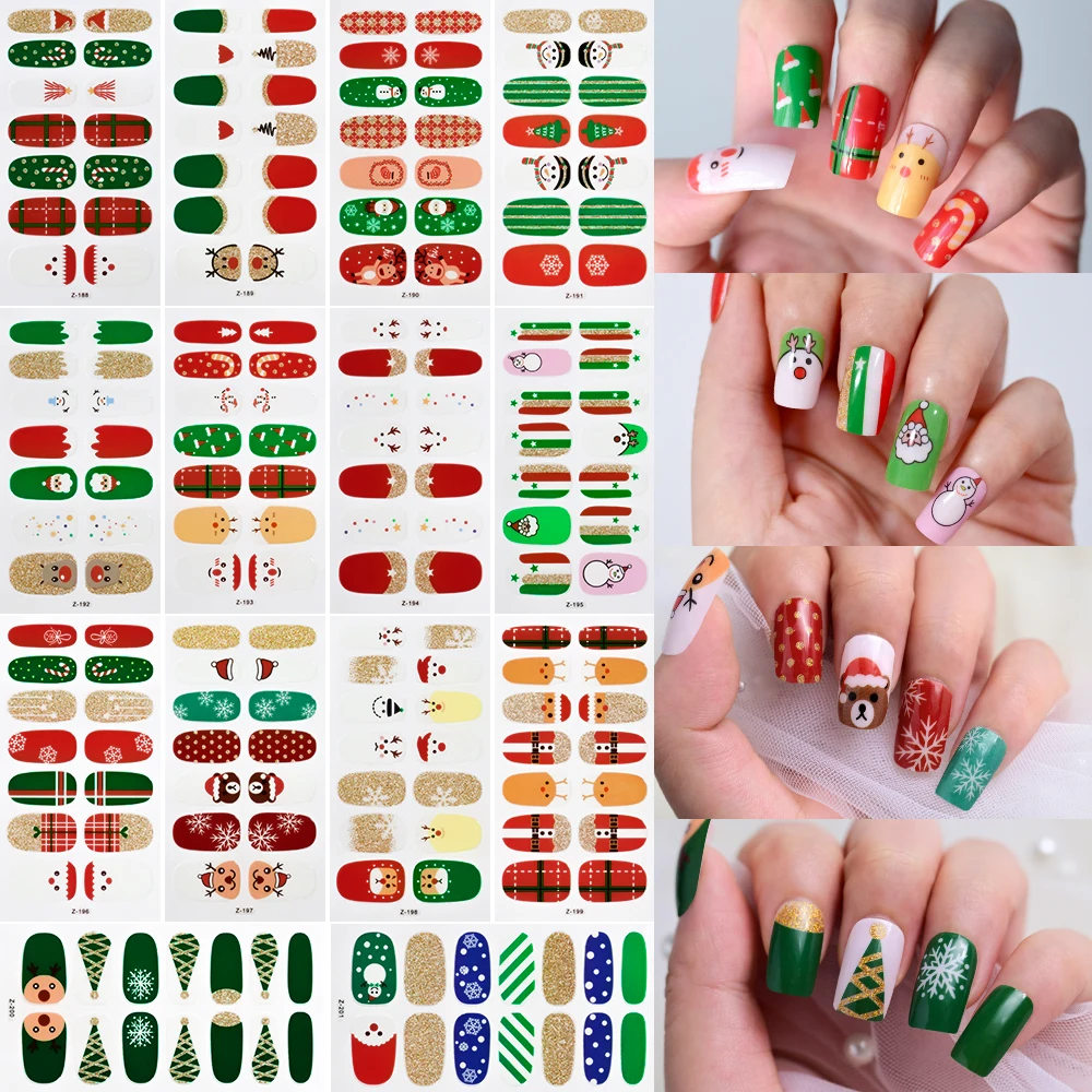 1 stks Kerst Rood Groen Volledige Cover Nail Sticker Plaid Streep Kerstman Nail Art Decals Sneeuwvlokken Cartoon Manicure Decoratie