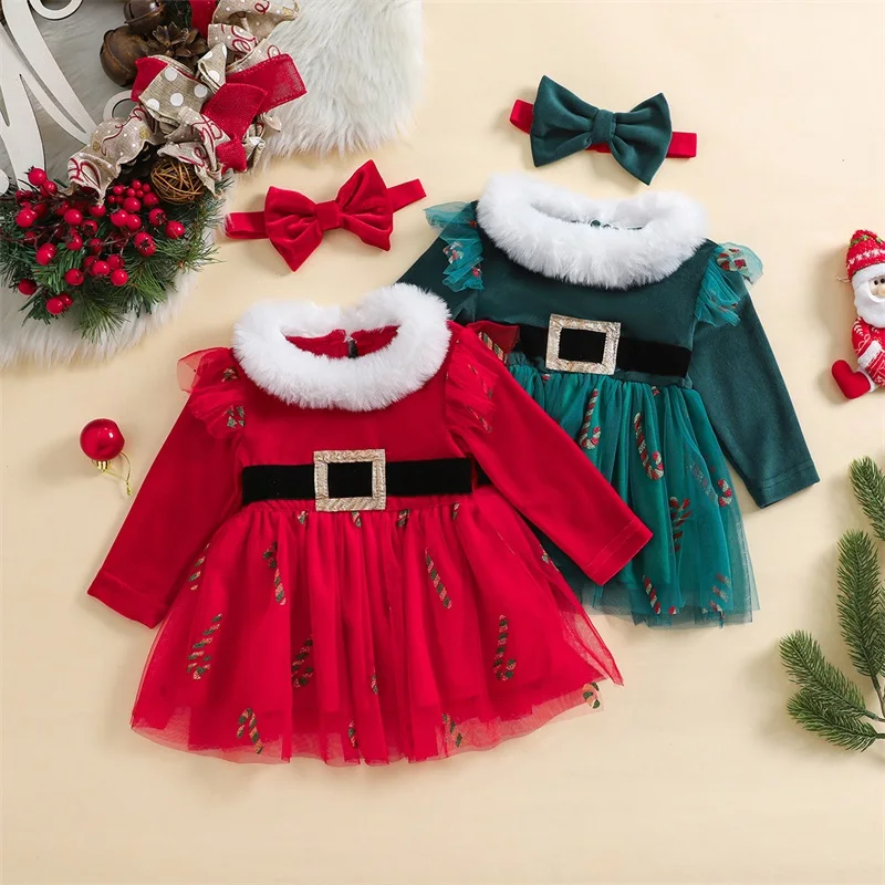 3M-3Y Baby Girls 2Piece Christmas Outfits Ruffled Long Sleeve Plush Round Neckline Tulle Dress + Bow Headband Set Infant Clothes