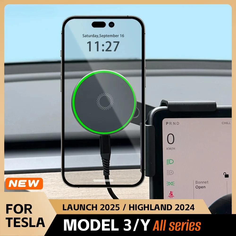 

for Tesla Model Y Launch 2025 Model 3 HIGHLAND 2024 Cybertruck BYD Car Phone Mount Holder 15W Magnetic Magsafe Wireless Charger