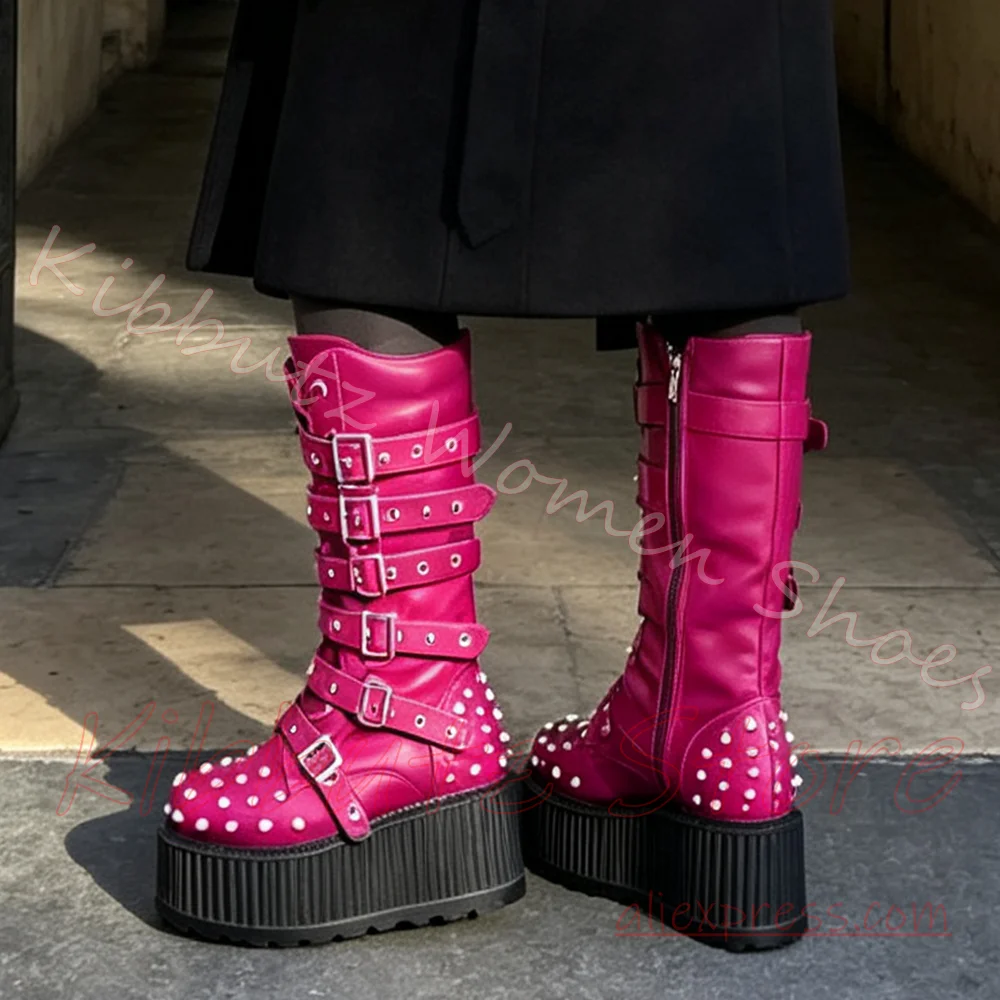 Platform Ankle Boots Spike Stud Multi Strap Buckle Side Zip Footwear Punk Gothic Alternative Fashion Leather Solid Color Elegant