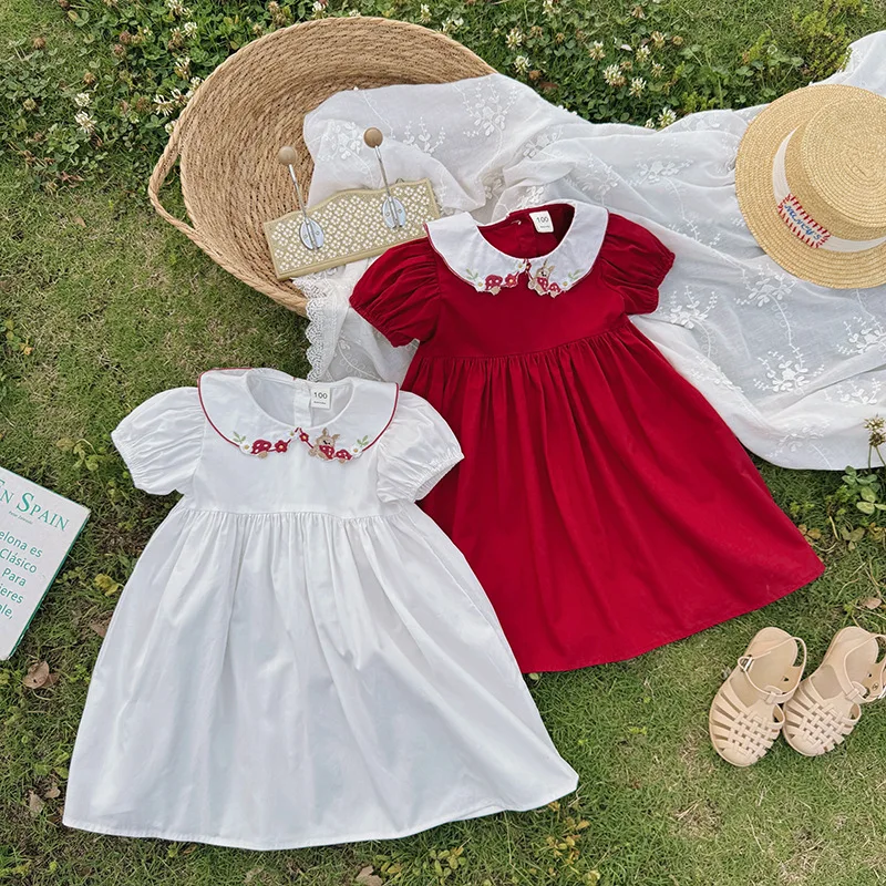 HOT Summer 2026 Cartoon Strawberry Embroidered Doll Collar Girls Dress Sweet Children's Princess Skirt Short Sleeve Baby Dress