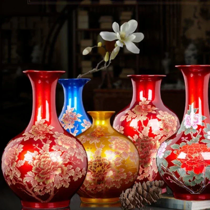 Kristall glasur rote Pfingstrosen vase im chinesischen Stil Keramik porzellan vase für künstliche Blumen dekoration